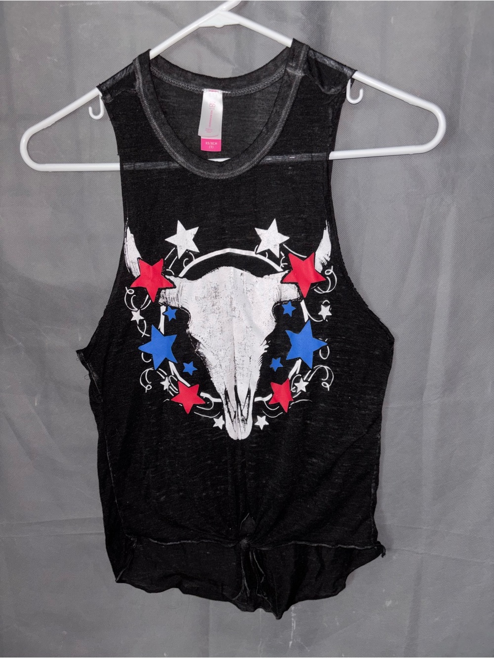 XS-S Sheer Burnout Black Tank Cowskull Patriotic Stars Red Blue White Tie Front